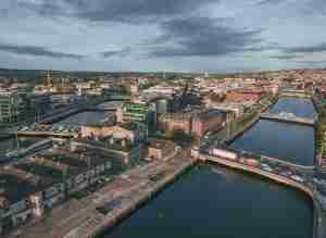 Cork city center in Ireland aerial view