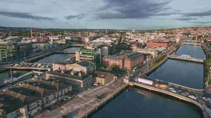 Cork city center in Ireland aerial view